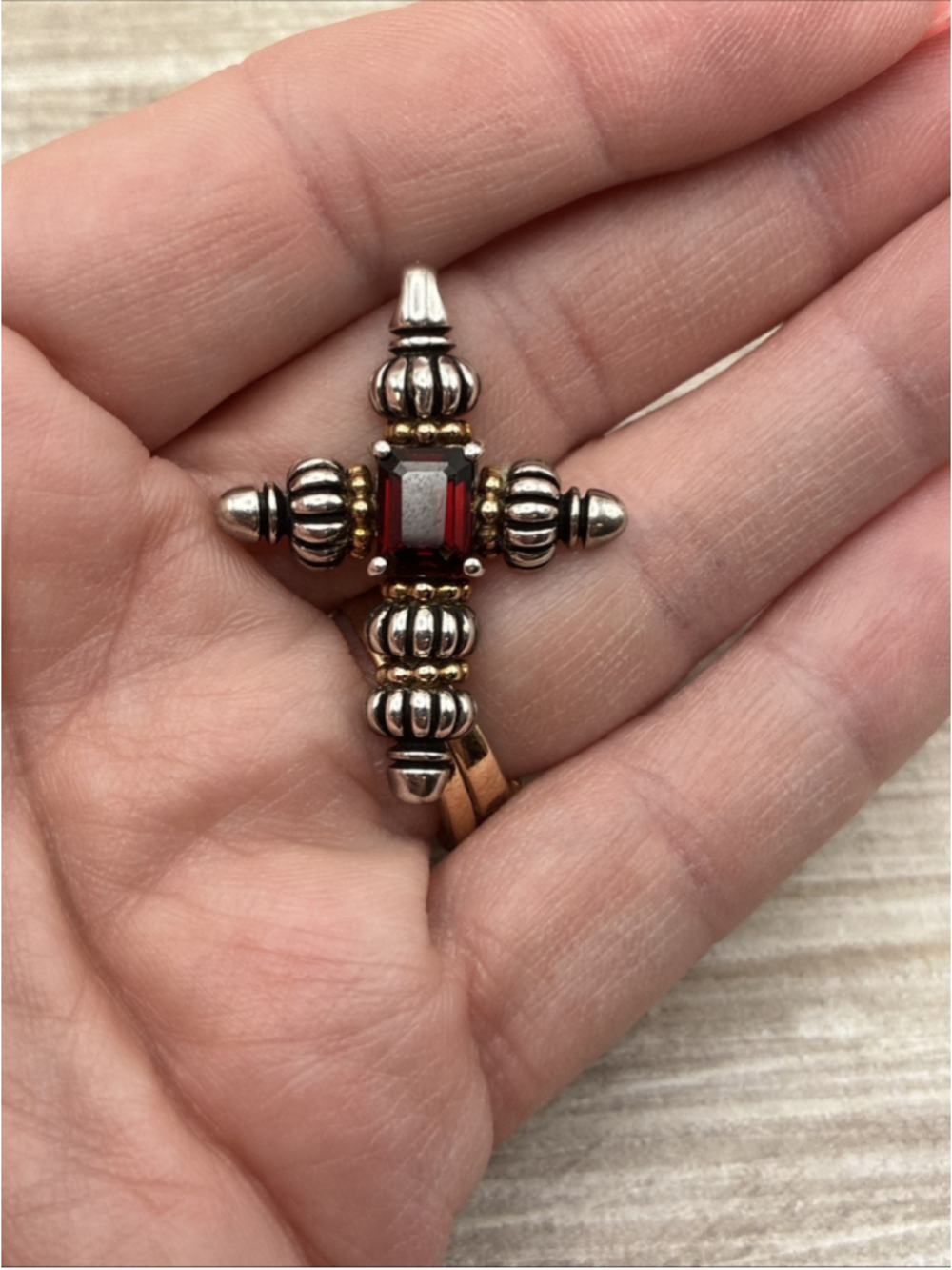 Vintage Clyde Duneier Sterling Silver 14K Gold Garnet Cross Pendant 5.71g 1.3/8